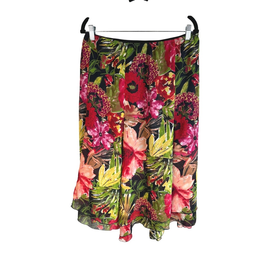 Chico's Multicolor Tropical Floral Chiffon Lettuce Hem Midi Skirt Size Medium